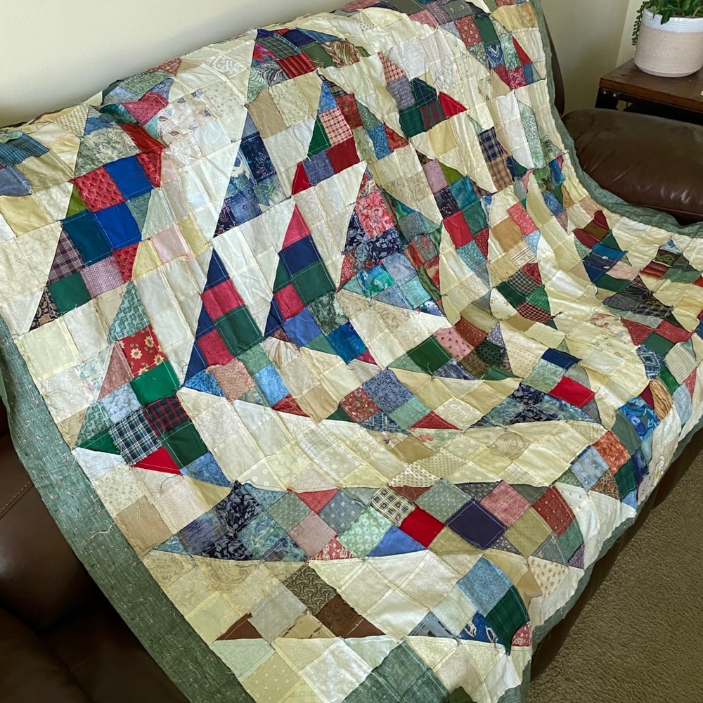 Handmade Patchwork Quilt Top Multicolor Geometric Scrap Fabric 60.5" X 62.5"